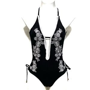 FEATHER 11 SEXY BLACK WHITE EMBROIDERED ONE PIECE SWIM BATHING SUIT